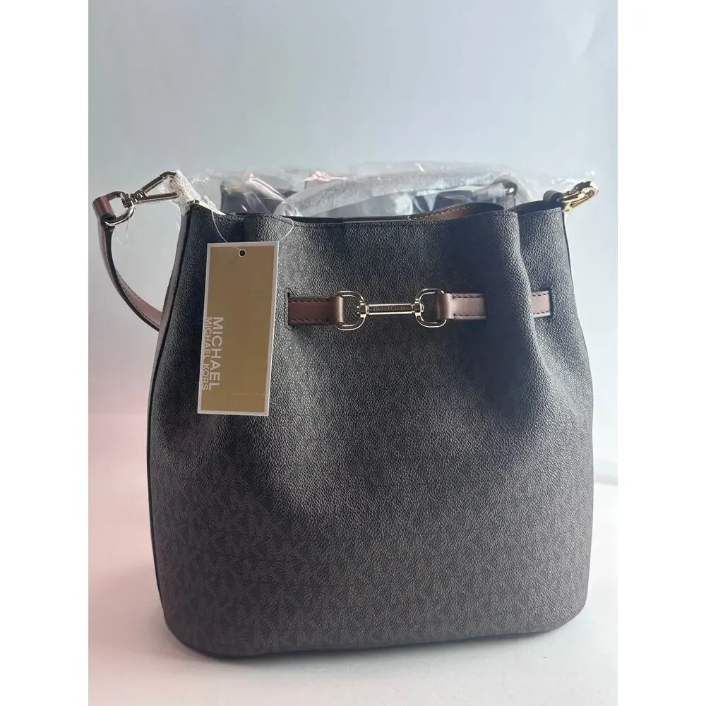 Michael Kors Carson Medium Convertible Bucket Bag Brown Signature Shoulder NWT